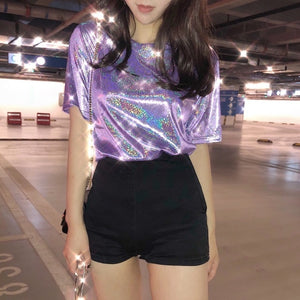 New Popular Fashion Holo Bling Bling Women's T Shirt