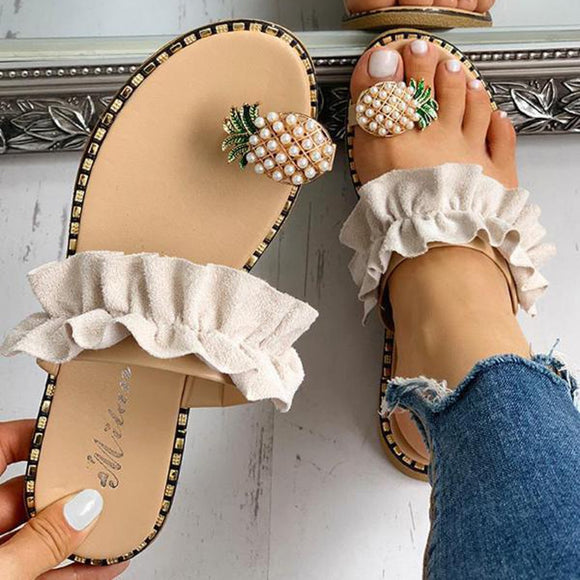 Women Girls Pearl Flat Bohemian Pineapple Sandals